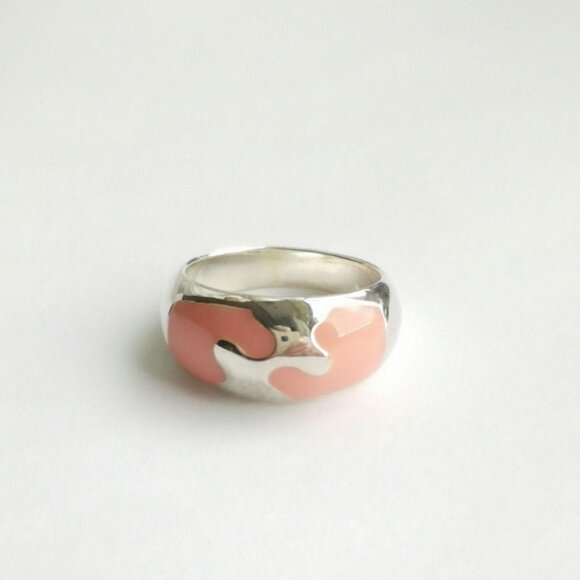Peach Enamel mosaic dome band Ring Sterling Silver size 6 - Picture 5 of 7